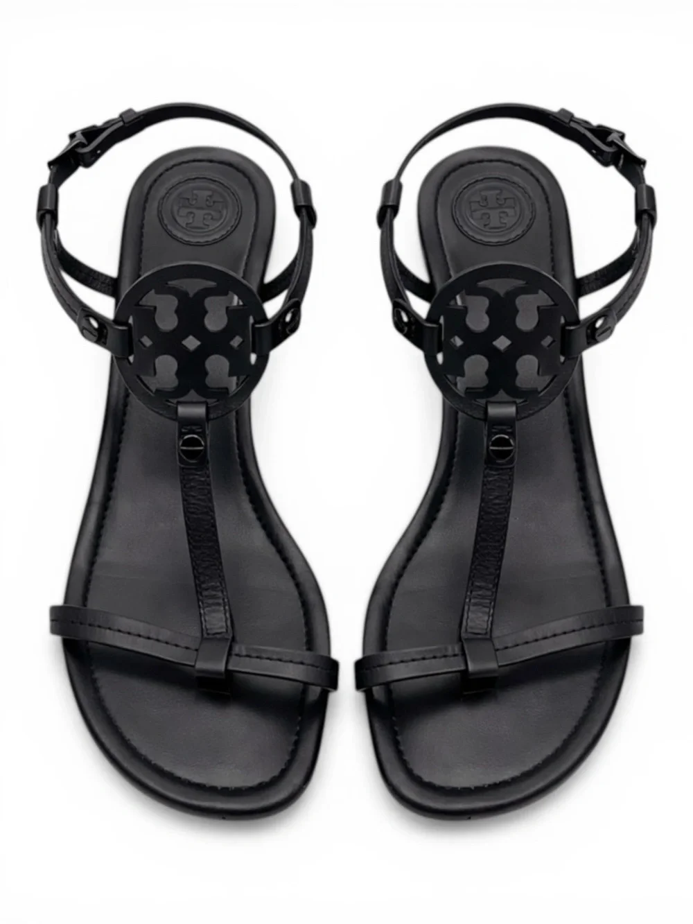 Tory Burch Miller Wedge Sandals Perfect Black Leather Logo T Strap Size 8